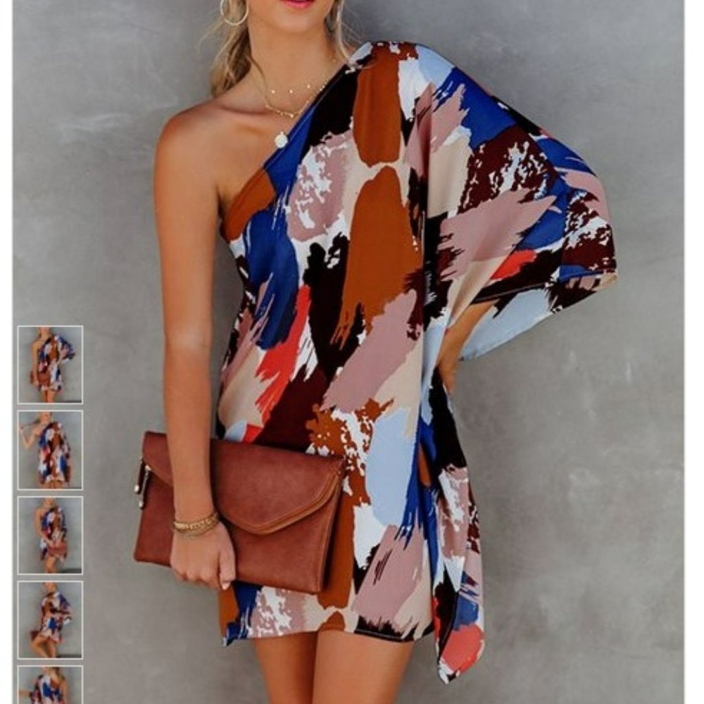 Asymmetrical Off the Shoulder Mini Dress- In Multi, Size X-Large